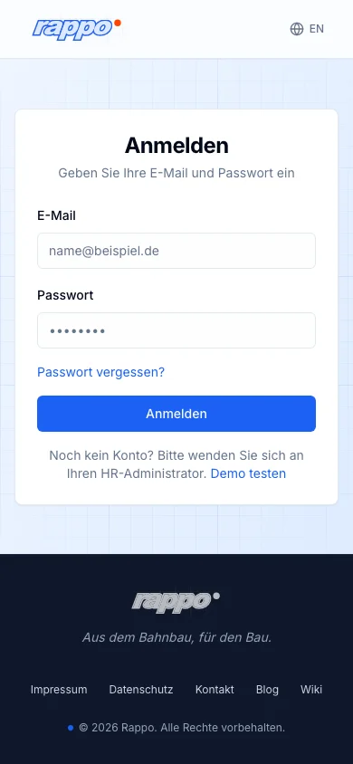 Rappo Login-Seite auf dem Smartphone