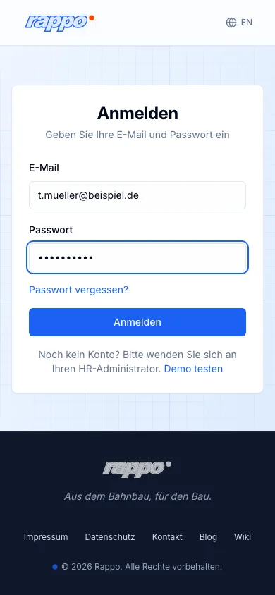 Rappo Login mit ausgefüllten Zugangsdaten auf dem Smartphone