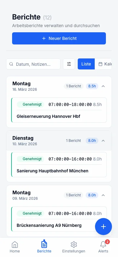 Rappo Berichtsliste auf dem Smartphone