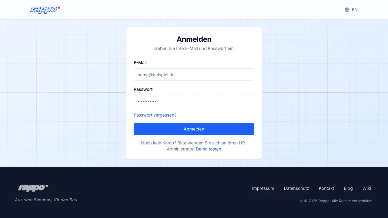 Rappo Login-Seite mit E-Mail- und Passwort-Feldern