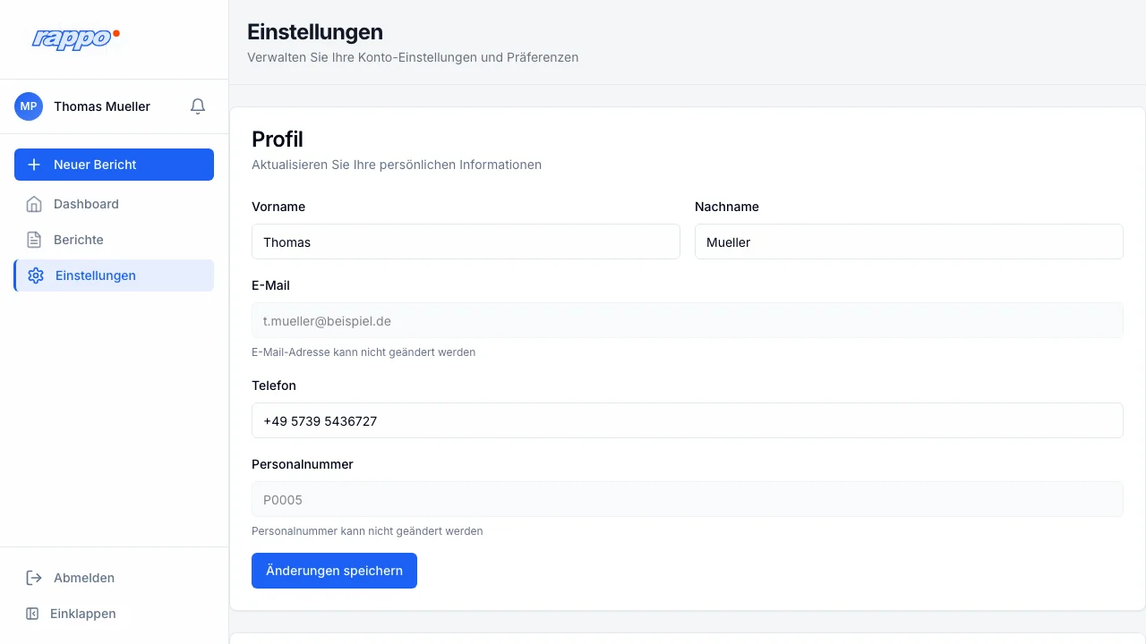 Rappo Einstellungen mit Profil und Passwort