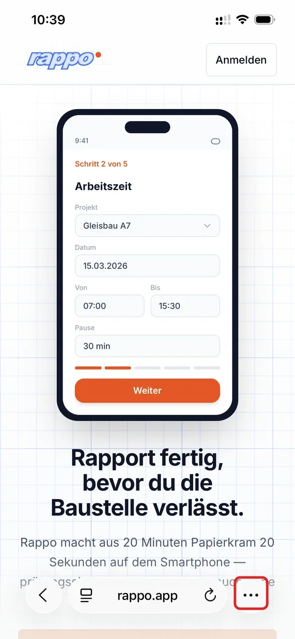 Rappo-Startseite in Safari auf dem iPhone, unten die Adressleiste mit dem Menueknopf rechts