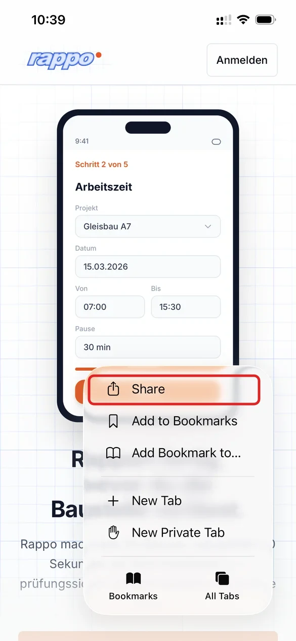 Safari-Menue mit dem hervorgehobenen Eintrag Teilen