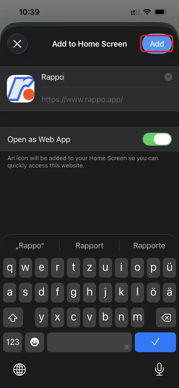 Dialog Zum Home-Bildschirm mit dem Namen Rappo, der Adresse rappo.app und dem Schalter Als Web-App oeffnen