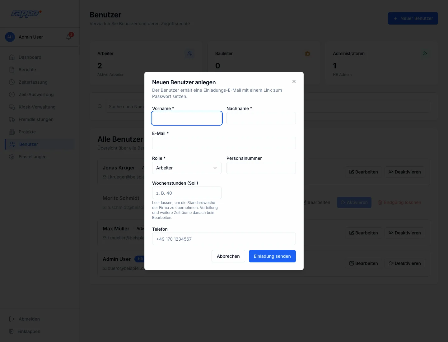 Dialog Neuen Benutzer anlegen mit Feldern fuer Vorname, Nachname, E-Mail, Rolle, Personalnummer und Wochenstunden
