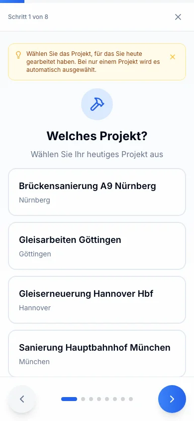 Rappo mobiler Assistent: Projektauswahl mit großen Karten