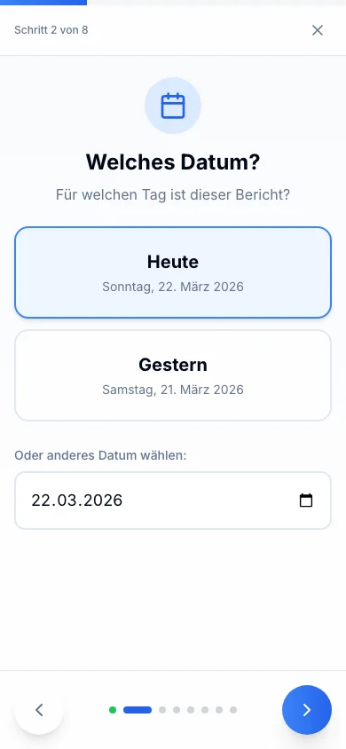 Rappo mobiler Assistent: Datumswahl mit Heute und Gestern Buttons