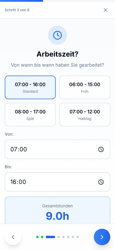 Rappo mobiler Assistent: Arbeitszeitpresets und manuelle Eingabe