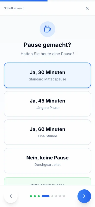 Rappo mobiler Assistent: Pausenauswahl mit 30, 45 und 60 Minuten