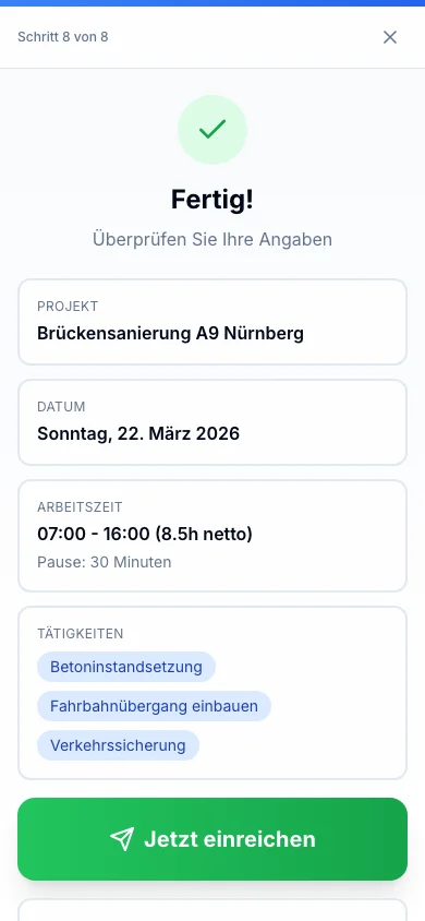 Rappo mobiler Assistent: Zusammenfassung mit Einreichen-Button