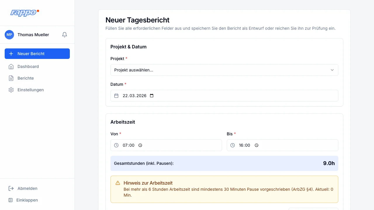 Rappo Formular für neuen Tagesbericht mit Projekt und Datum