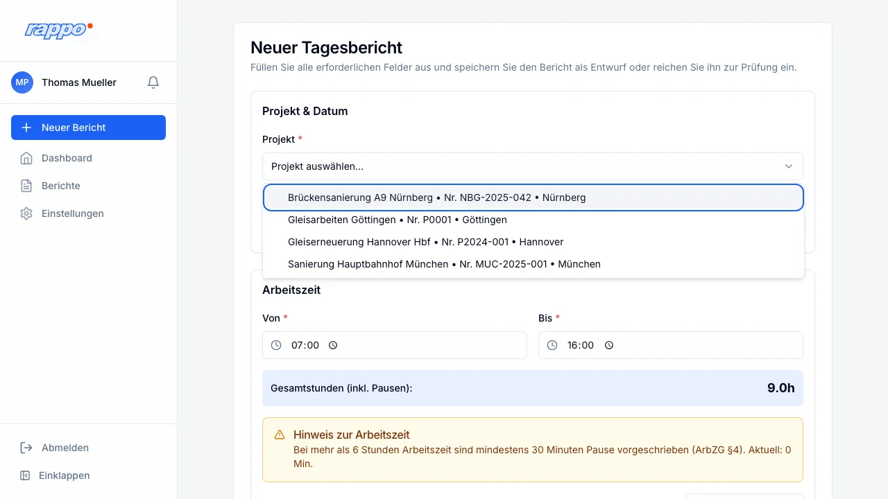 Rappo Projekt-Dropdown mit verfügbaren Bauprojekten