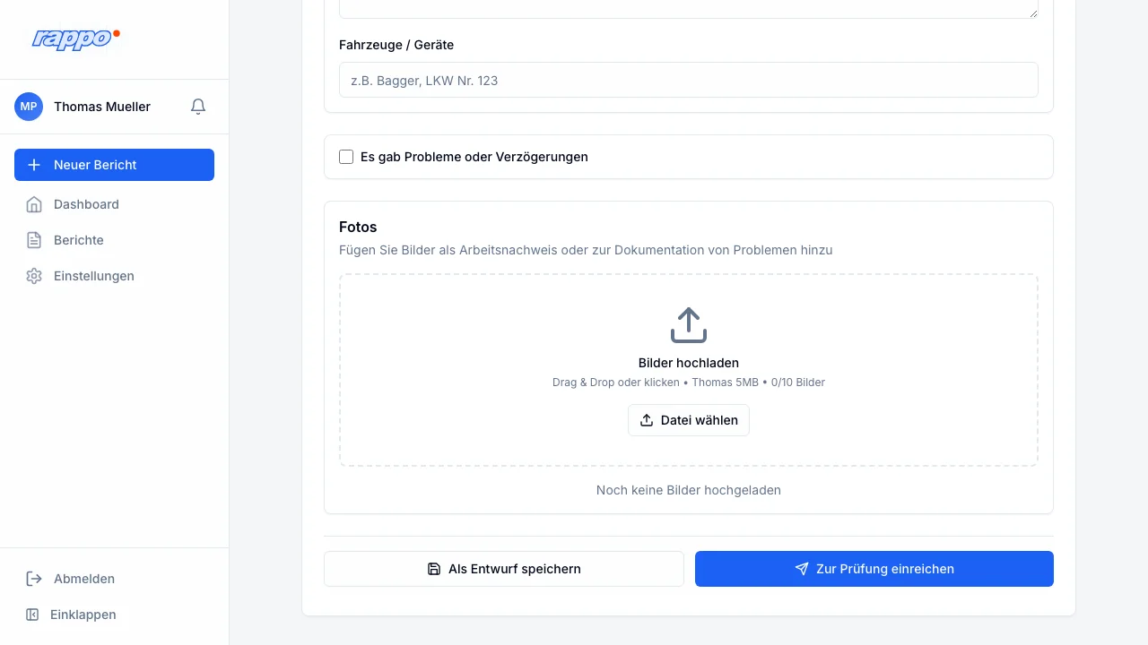 Rappo Buttons zum Speichern als Entwurf oder Einreichen zur Prüfung
