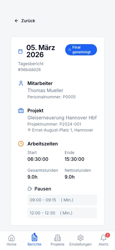 Rappo Berichtsdetail auf dem Smartphone mit Status Eingereicht