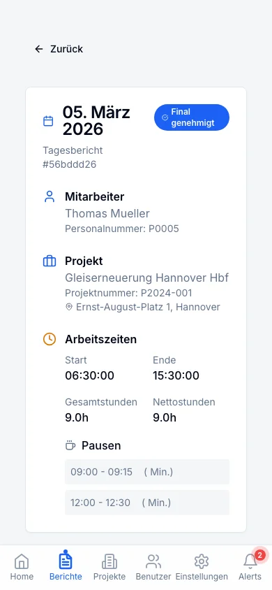 Rappo Berichtsdetail auf dem Smartphone: Final genehmigt