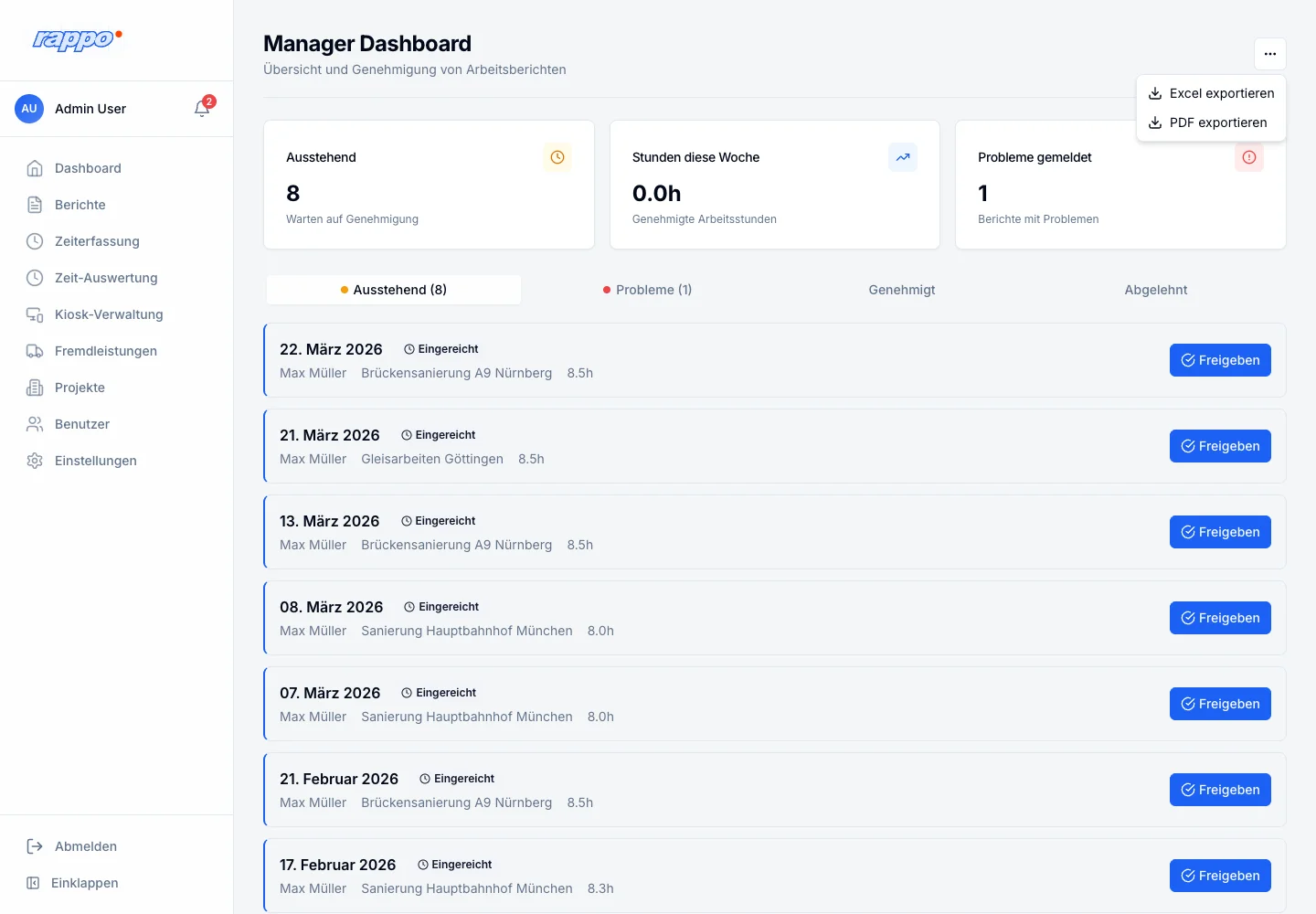 Manager Dashboard mit Reitern und geöffnetem Exportmenü