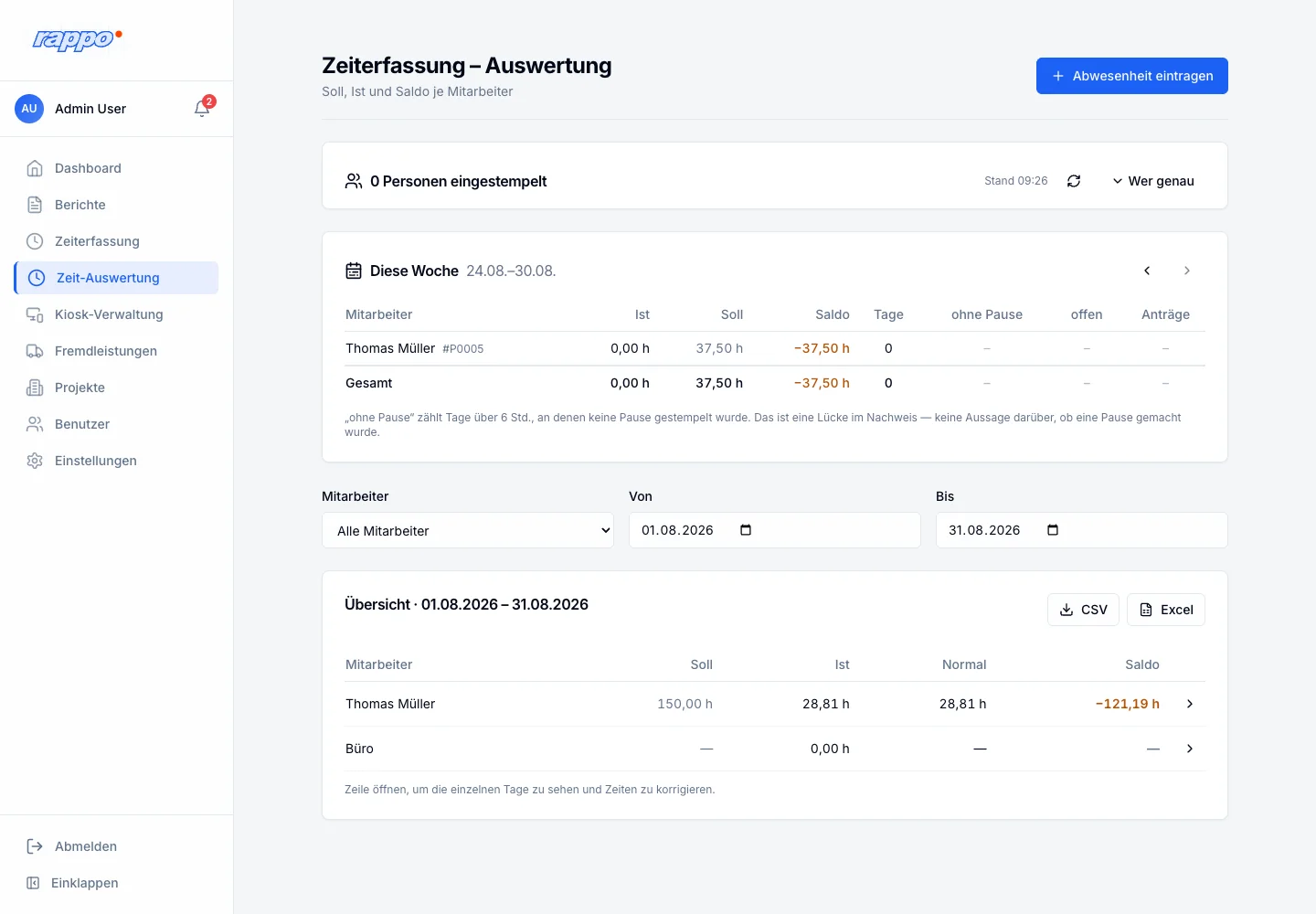 Zeiterfassung Auswertung mit Zeitraum-Filtern und den Knöpfen CSV und Excel