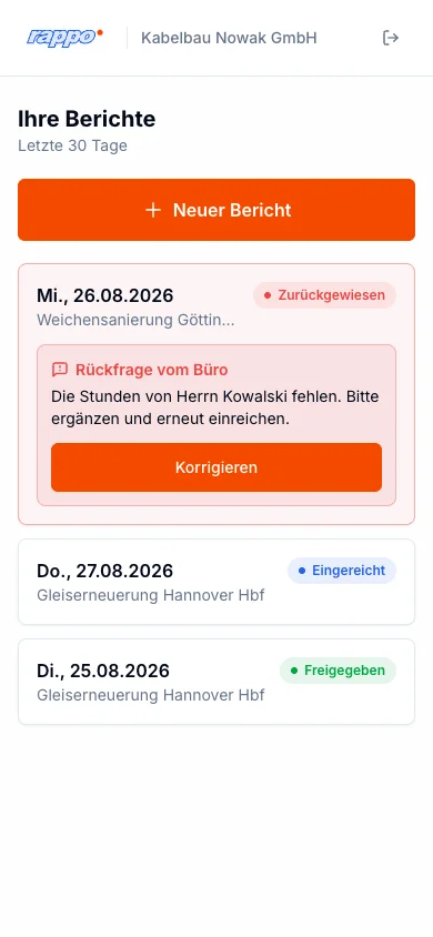 Übersicht im Nachunternehmer-Portal mit einem zurückgewiesenen Bericht ganz oben und dem Knopf Neuer Bericht
