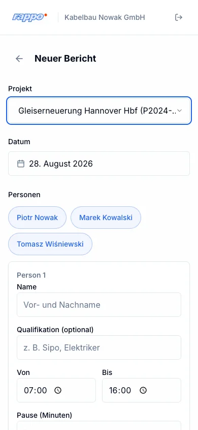 Neuer Bericht: Projektauswahl, Datum und Namensvorschläge zum Antippen