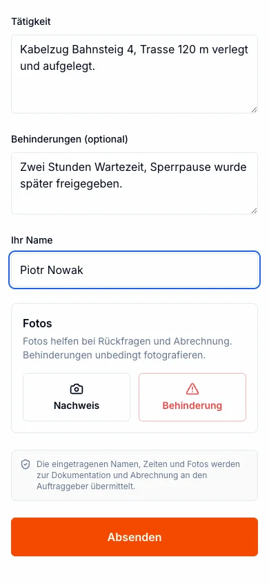 Felder für Tätigkeit, Behinderungen und den Namen des Absenders, darunter die Fotoknöpfe Nachweis und Behinderung sowie der Absenden-Knopf