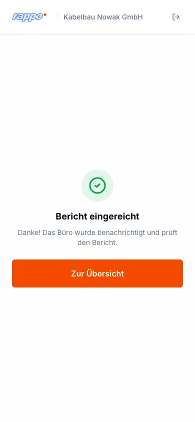 Bestätigung Bericht eingereicht im Nachunternehmer-Portal