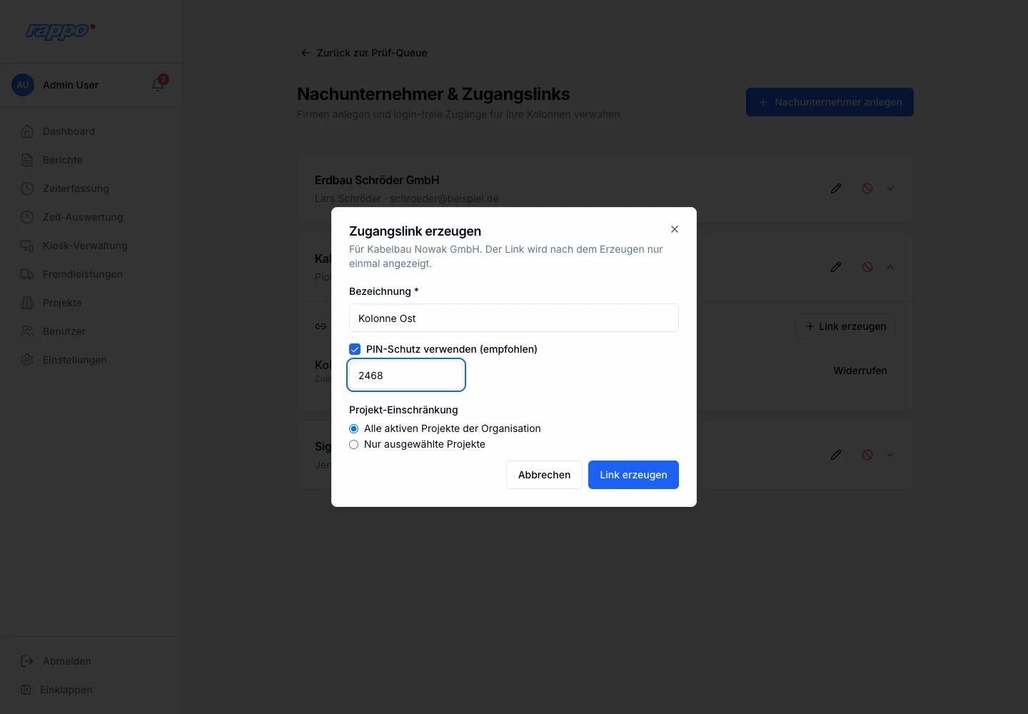 Dialog Zugangslink erzeugen mit Bezeichnung, PIN-Schutz und Projekt-Einschränkung