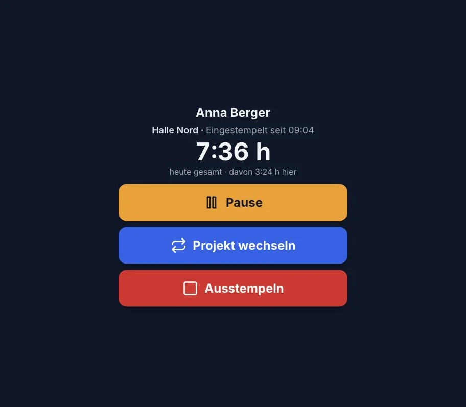 Rappo Kiosk mit heute gesamt gearbeiteter Zeit und den Knöpfen Pause, Projekt wechseln und Ausstempeln