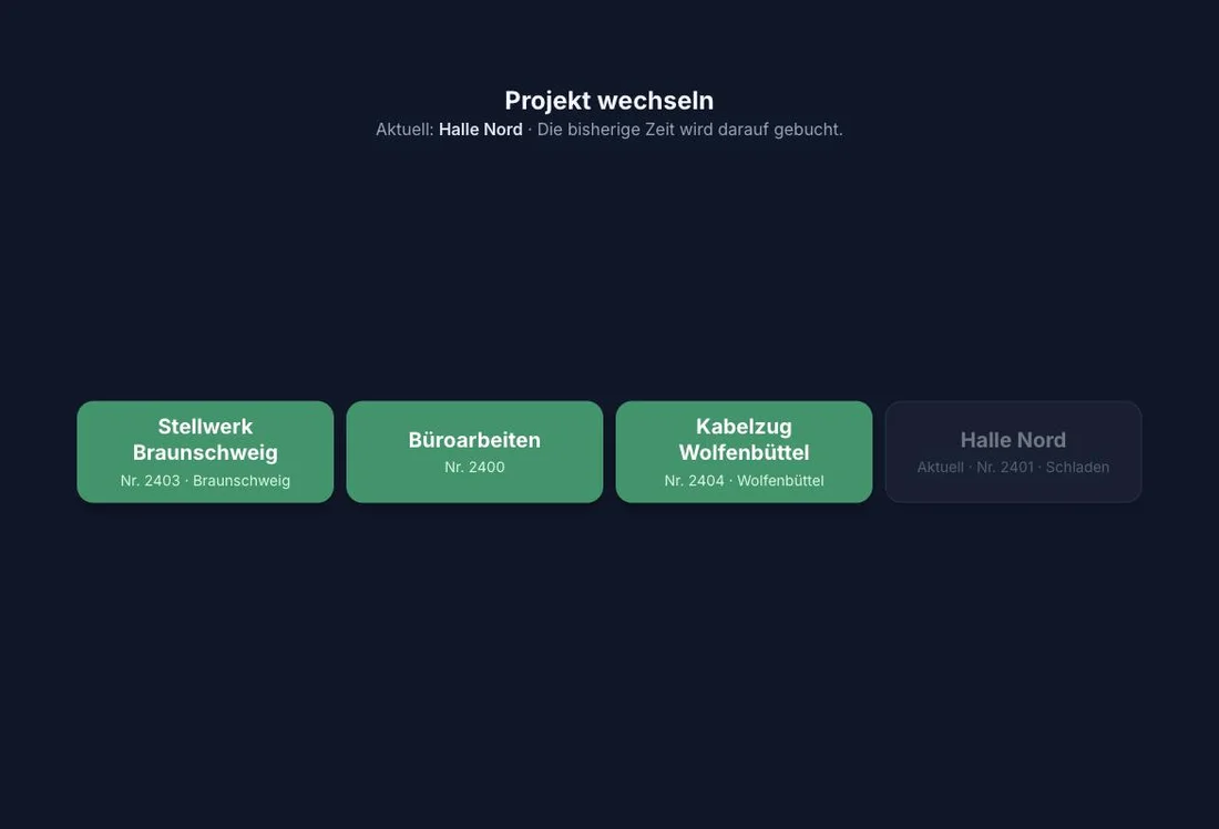 Rappo Kiosk Projektwechsel mit Kacheln der wählbaren Projekte und dem aktuellen Projekt grau markiert