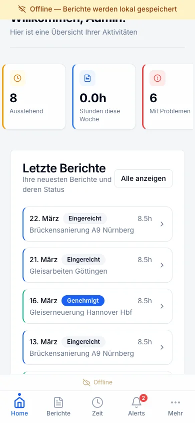 Gelber Streifen am oberen Rand mit dem Hinweis Offline, Berichte werden lokal gespeichert