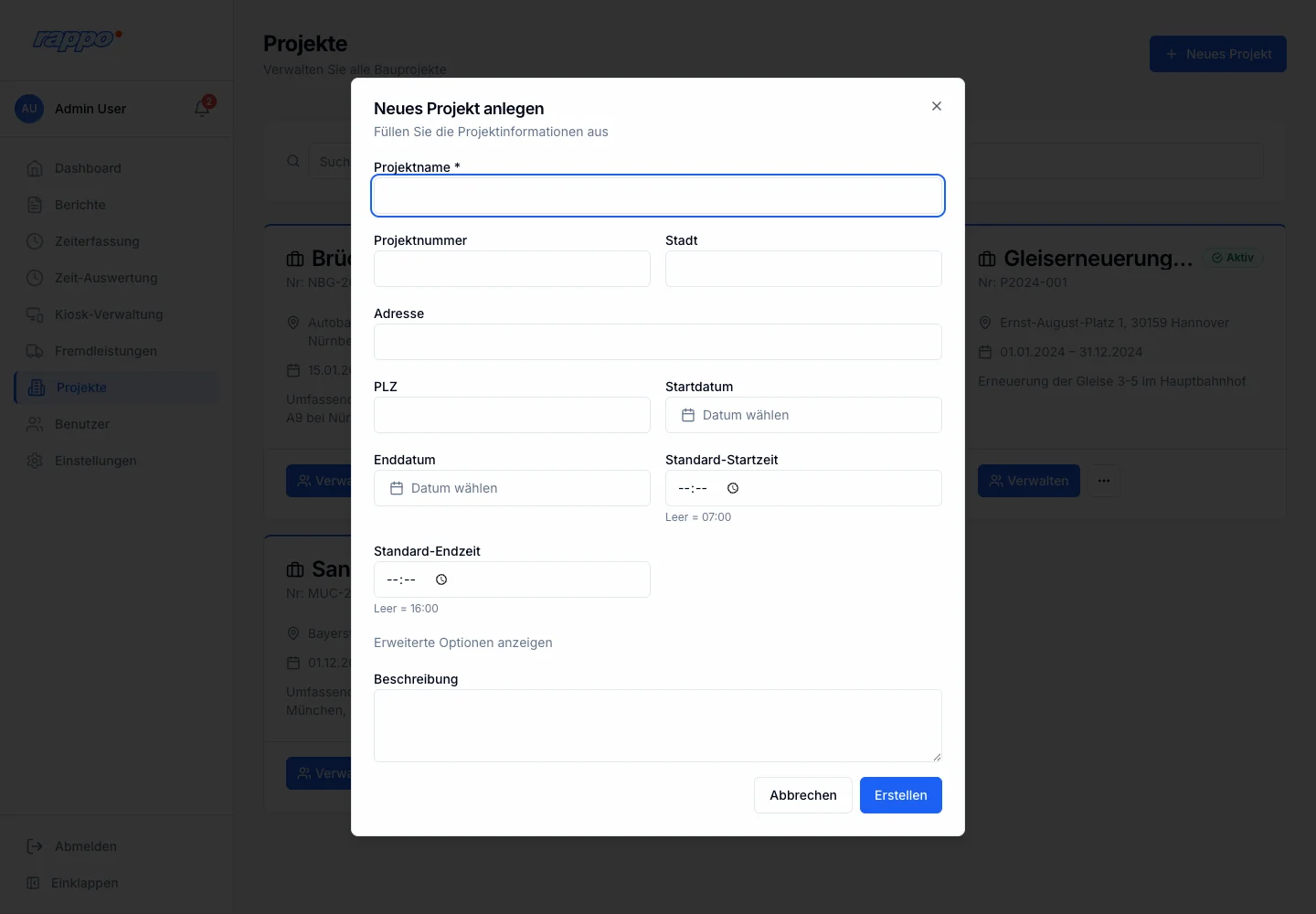Dialog Neues Projekt anlegen mit Feldern fuer Name, Projektnummer, Adresse und Standardzeiten