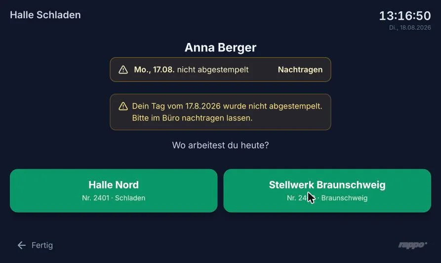Rappo Kiosk mit dem Hinweis auf einen nicht abgestempelten Tag und dem Knopf Nachtragen