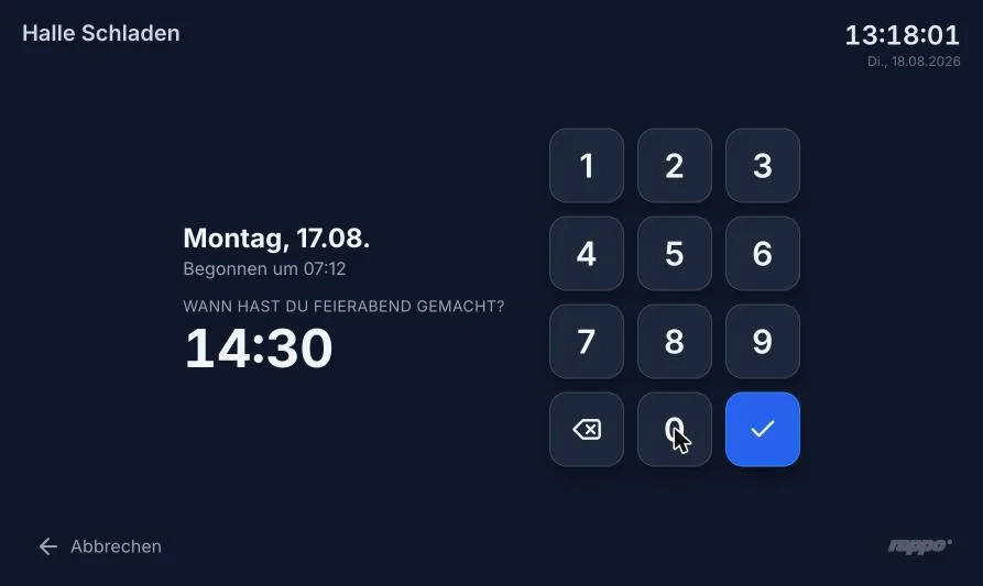 Rappo Kiosk mit eingegebener Feierabendzeit 14:30 und blau hervorgehobenem Bestätigungsknopf